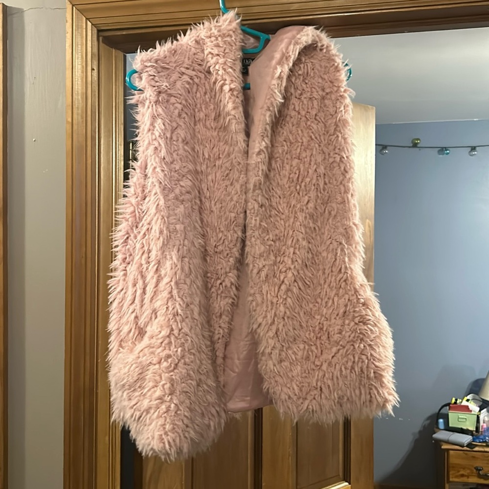 Fuzzy pink hooded vest sweater